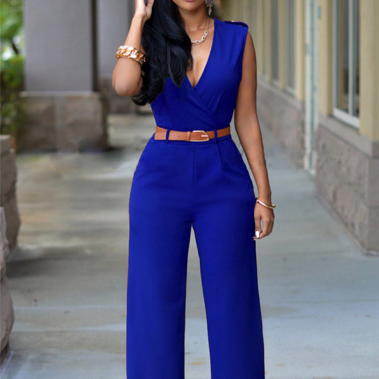 Women Jumpsuit New high waist V-neck white wide leg pants with belt sleeveless