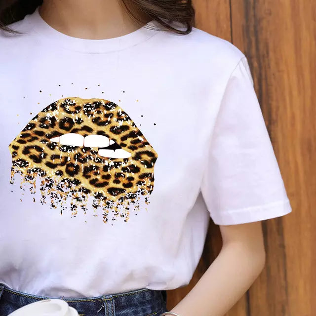 Lips women t shirtLeopard Graphic T Shirt Women Tops Base O-neck Black Tees Kiss Leopard Lip Funny Girls Tshirt