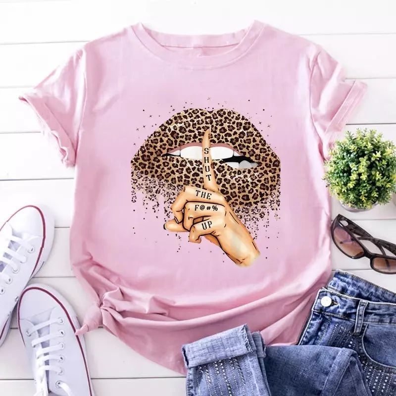 Lips women t shirtLeopard Graphic T Shirt Women Tops Base O-neck Black Tees Kiss Leopard Lip Funny Girls Tshirt