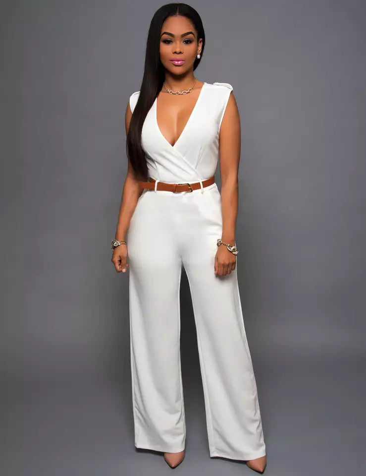 Women Jumpsuit New high waist V-neck white wide leg pants with belt sleeveless