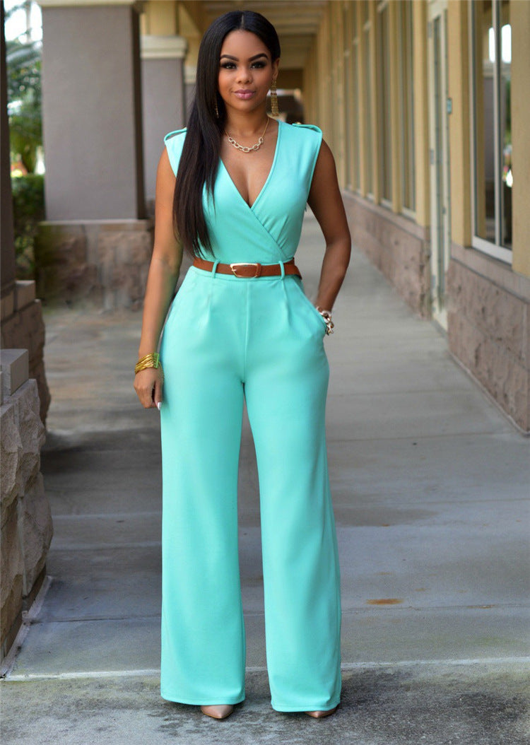 Women Jumpsuit New high waist V-neck white wide leg pants with belt sleeveless