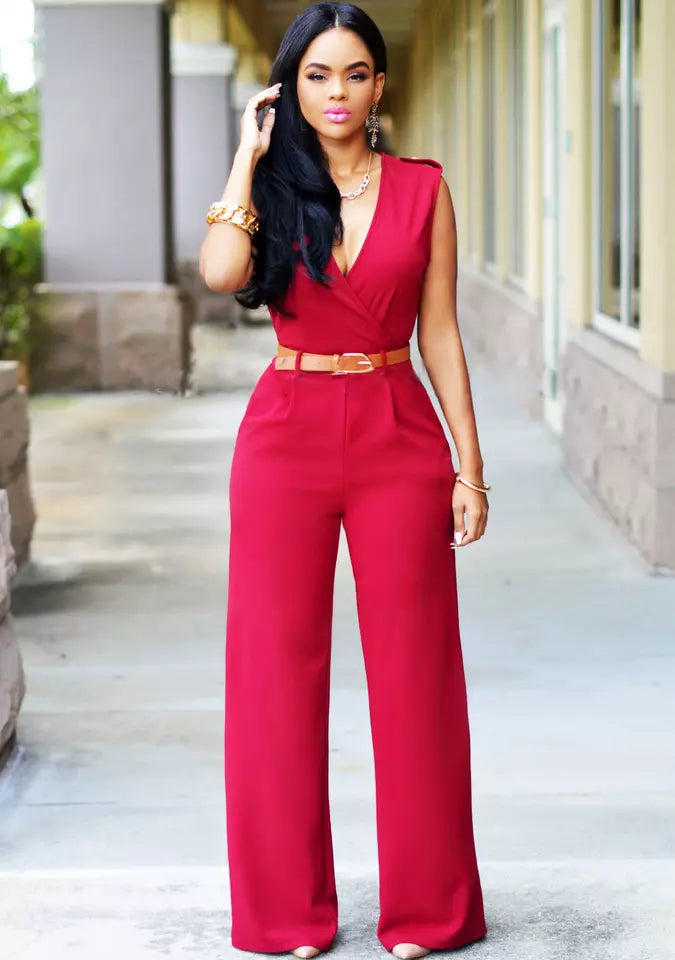 Women Jumpsuit New high waist V-neck white wide leg pants with belt sleeveless