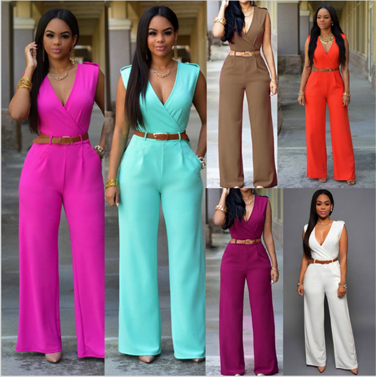 Women Jumpsuit New high waist V-neck white wide leg pants with belt sleeveless